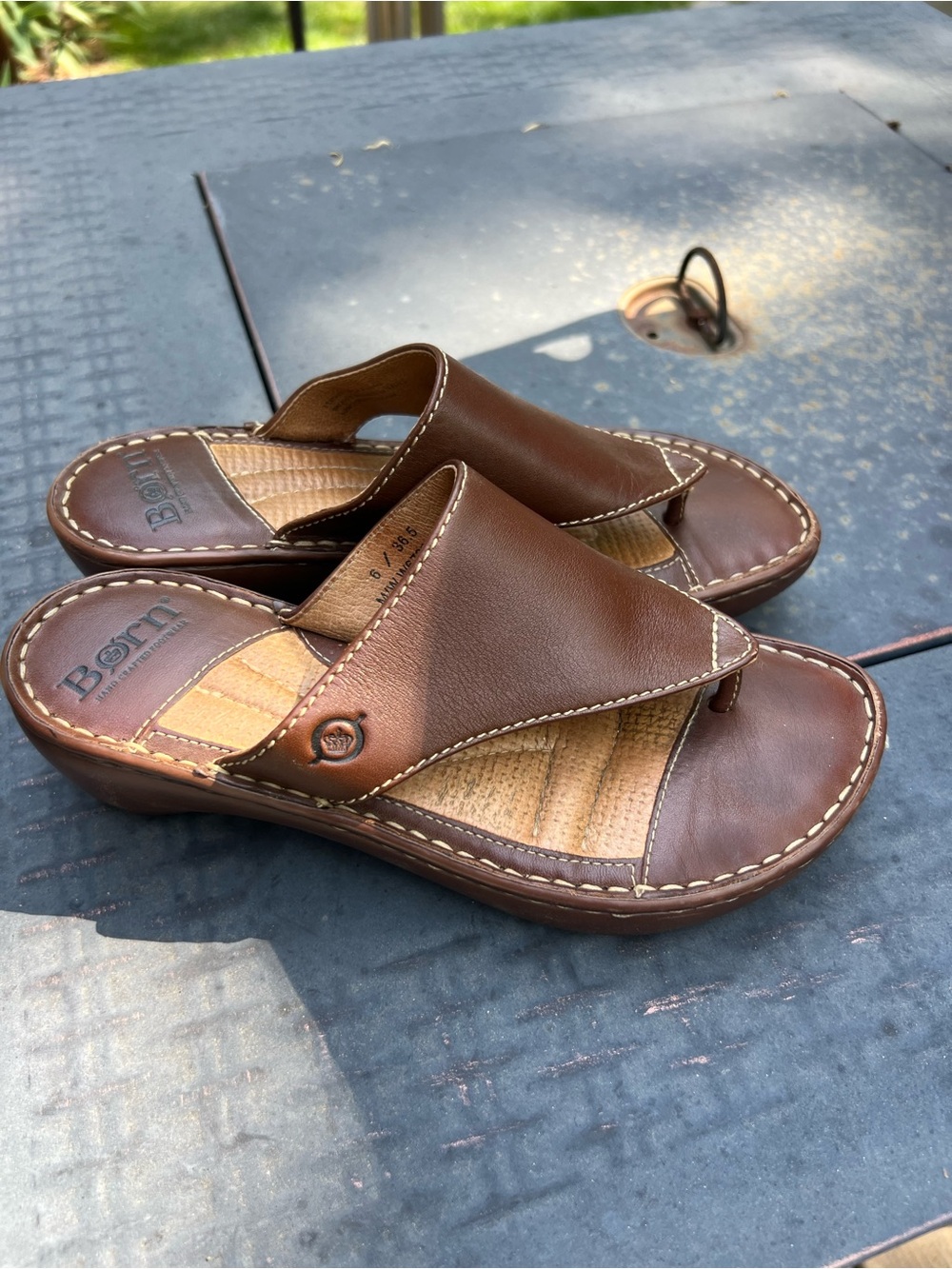 Born Brown Leather Slide Sandals with Woven Footbed